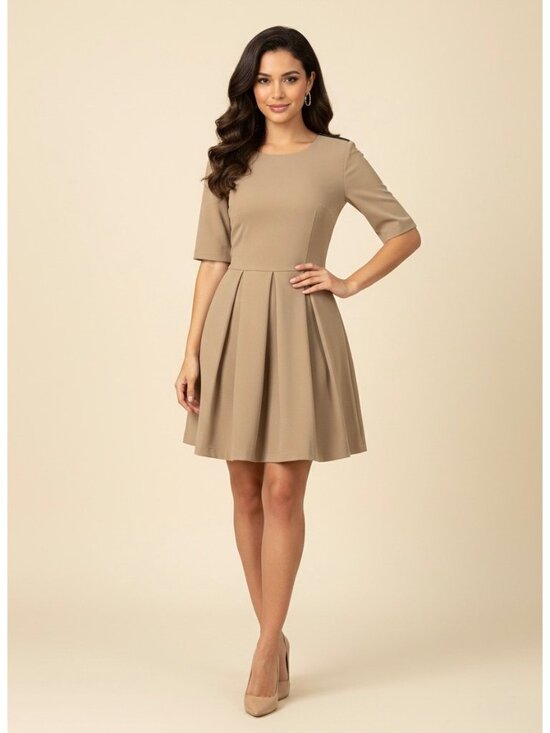 None Dresses & Skirts - NWT ABS Tan Pleated A-Line Woven Mini Dress 2| Office Siren Dark Equestrian Twee